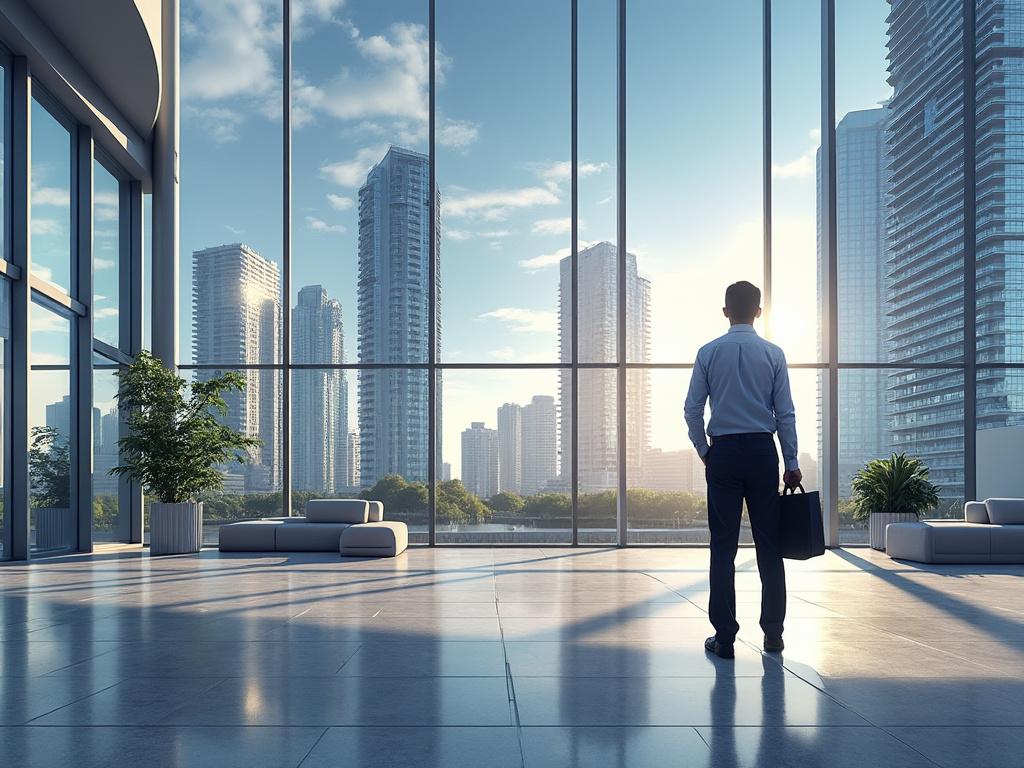 Hombre de negocios con maletín en moderna oficina con ventana panorámica, viendo la ciudad al atardecer.
