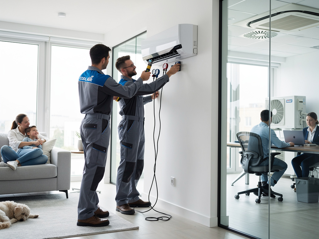 Técnicos instalando aire acondicionado split en vivienda moderna con familia y oficina al fondo