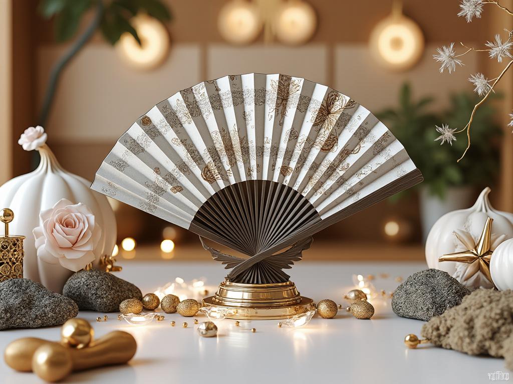 Ventilador de mano decorativo con detalles dorados en un entorno elegante con calabazas blancas, rosas y luces suaves.