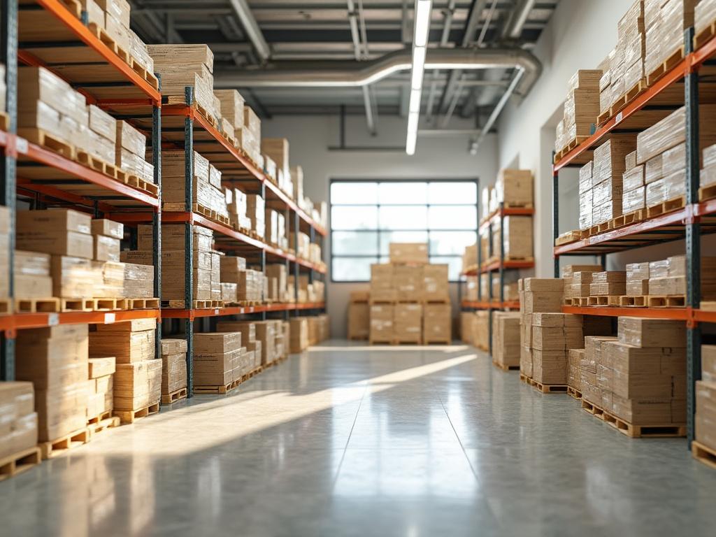 Interior de un almacén moderno con estanterías metálicas llenas de cajas de cartón.
