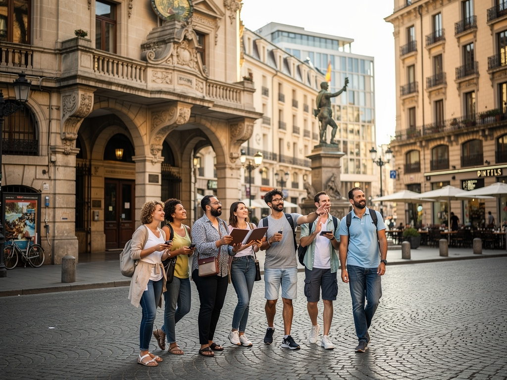 Grupo de turistas explorando una plaza histórica europea con arquitectura clásica y estatua urbana