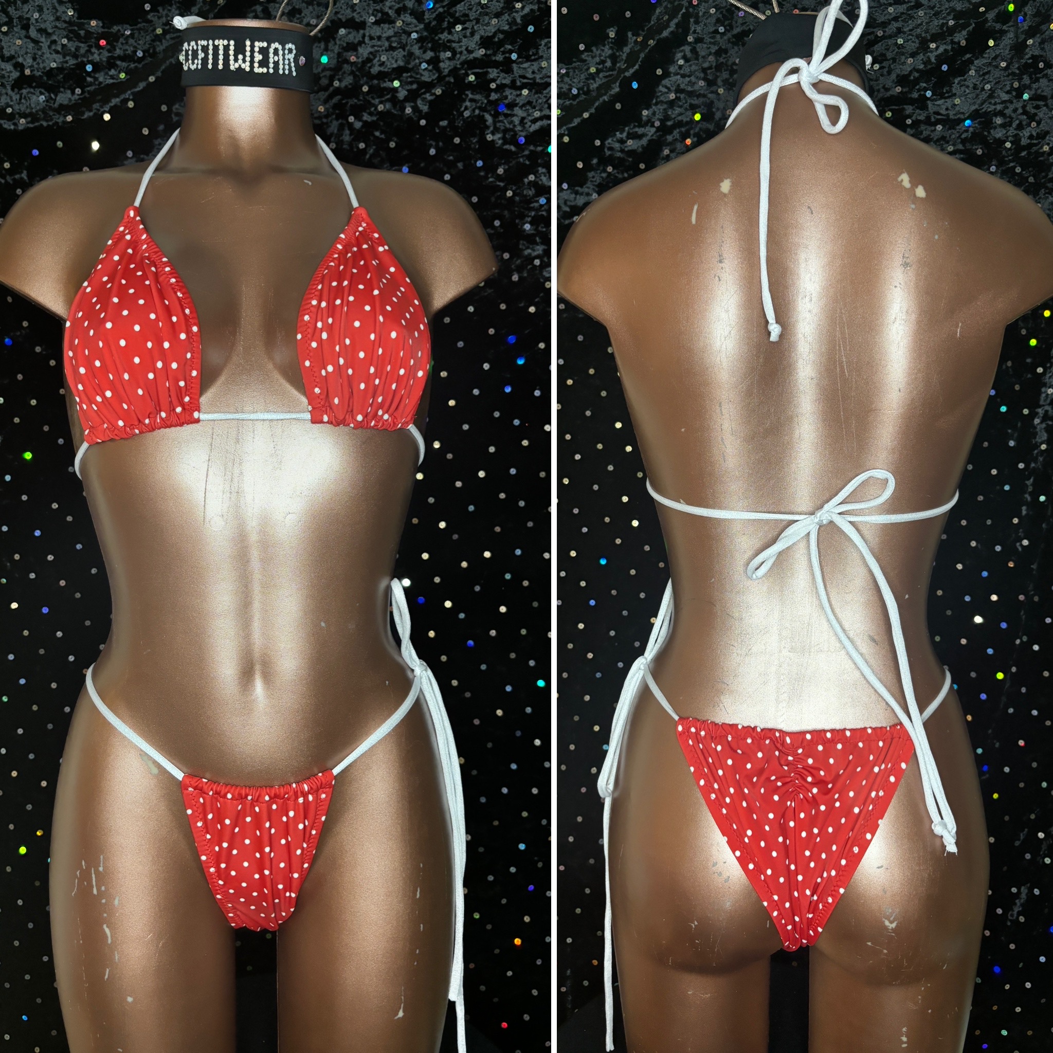 65. D full cup top
no pocket/ pads
small sliding front
small sliding back
red/ white polka dot
$55