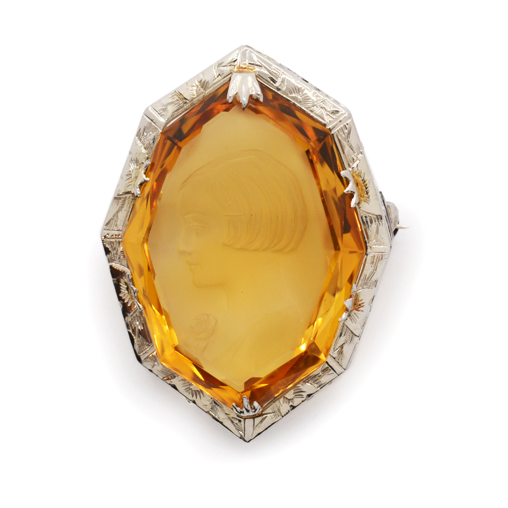 14K WHITE GOLD CITRINE BROOCH 34MM X 25MM $700