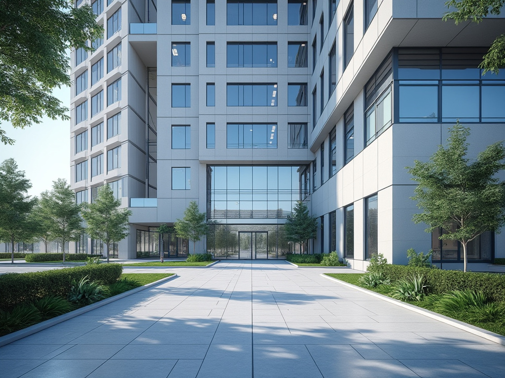 Edificio moderno con fachada de vidrio y árboles en la entrada