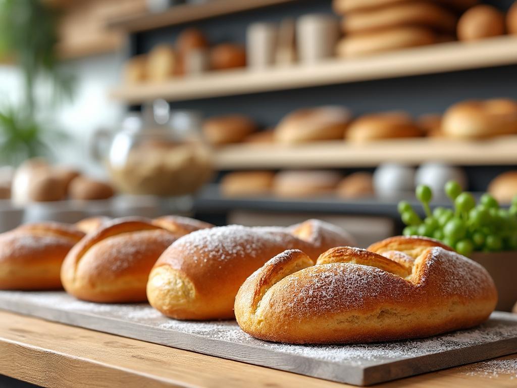 Pan recién horneado espolvoreado con harina en una mesa de madera con un fondo de estantes llenos de panes y ramas de uvas verdes.