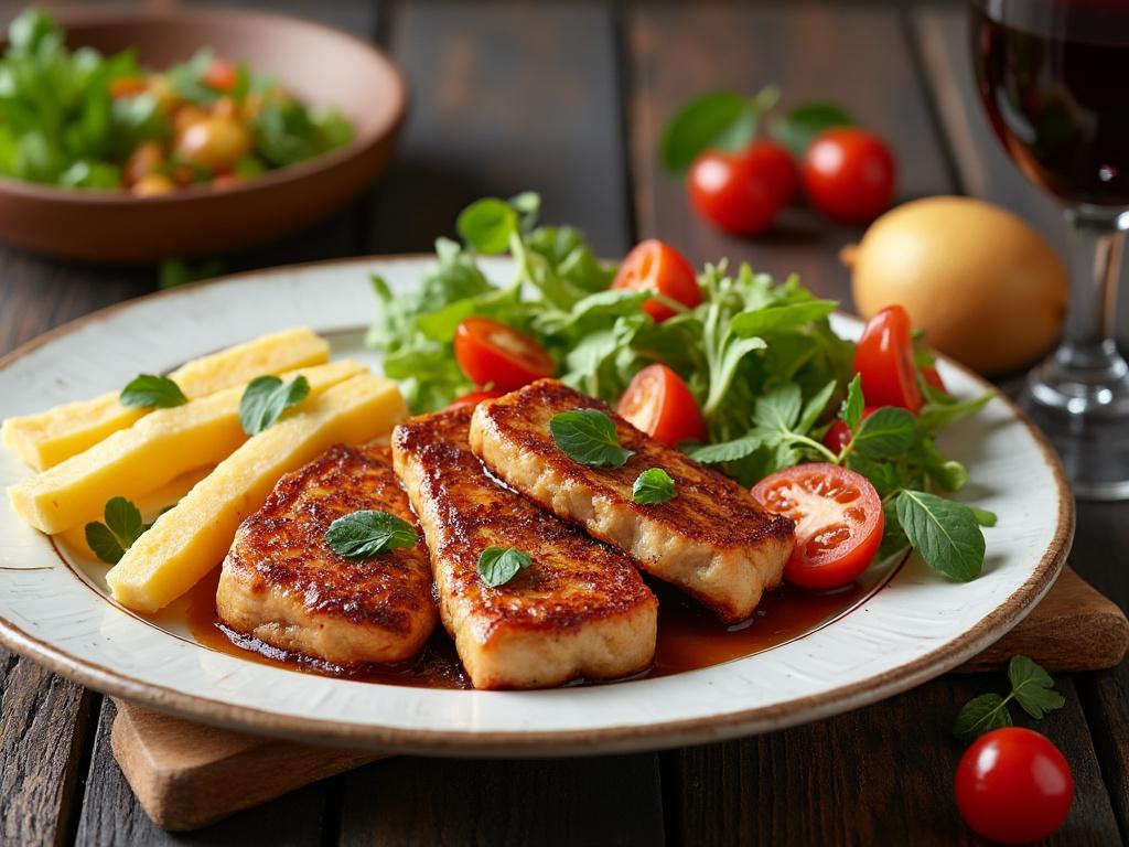 Plato de queso frito con ensalada de hojas verdes y tomate cherry, acompañado de papas fritas y una copa de vino tinto sobre una mesa de madera.