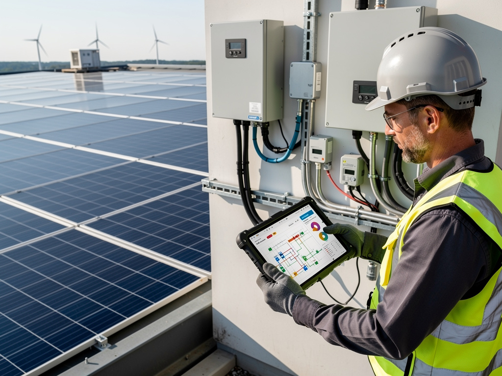 Solar technician inspecting rooftop photovoltaic panels and electrical inverters with a tablet, wind turbines in background Solar technician inspecting rooftop photovoltaic panels and electrical inverters with a tablet, wind turbines in background