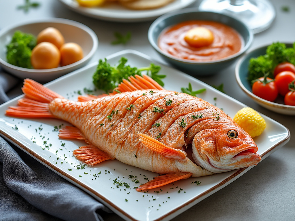 Pescado al horno con guarnición de hierbas, rodajas de limón, y verduras frescas de fondo en un plato blanco.