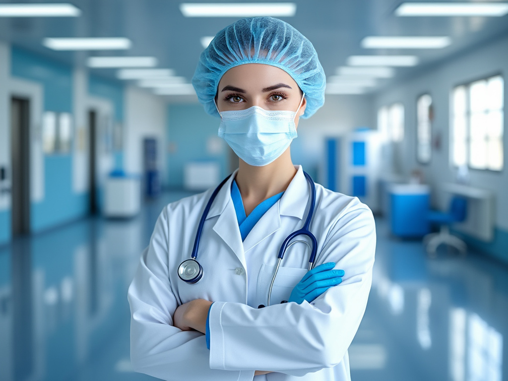 Doctora con uniforme médico y mascarilla, con estetoscopio, en un hospital moderno.