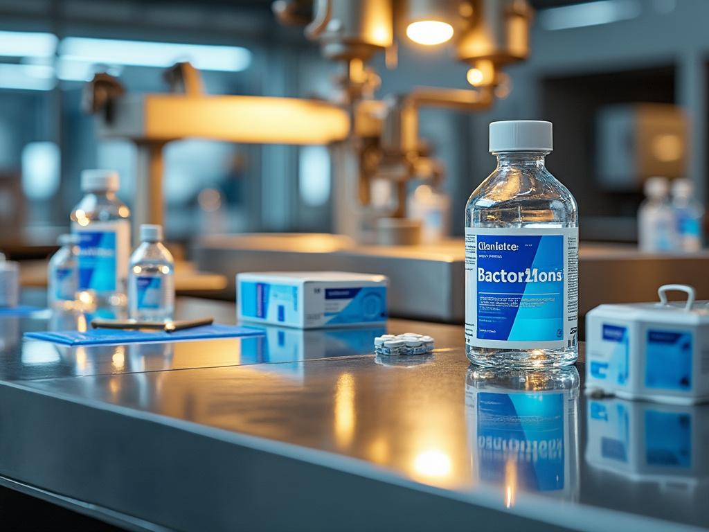 Botellas de solución desinfectante en una mesa de laboratorio bien iluminada.