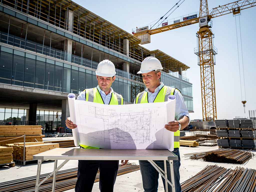 Ingenieros revisando planos en obra de construcción con grúa y edificio en desarrollo