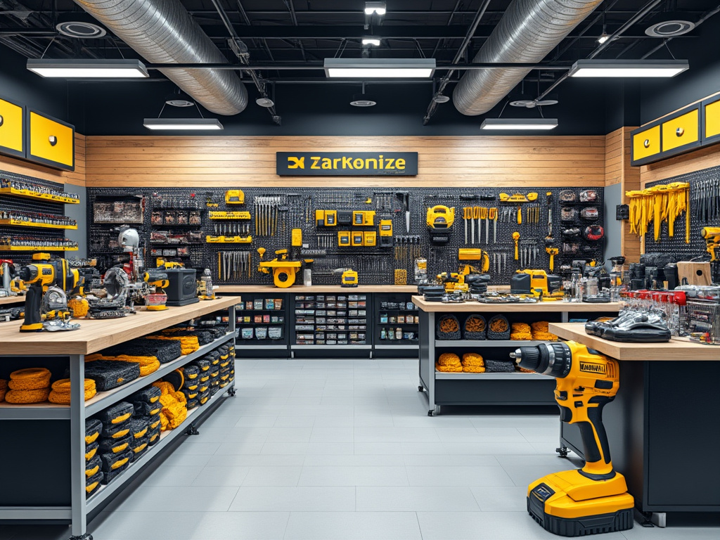 Tienda de herramientas bien surtida con herramientas eléctricas y manuales, estantes organizados y decoración industrial.