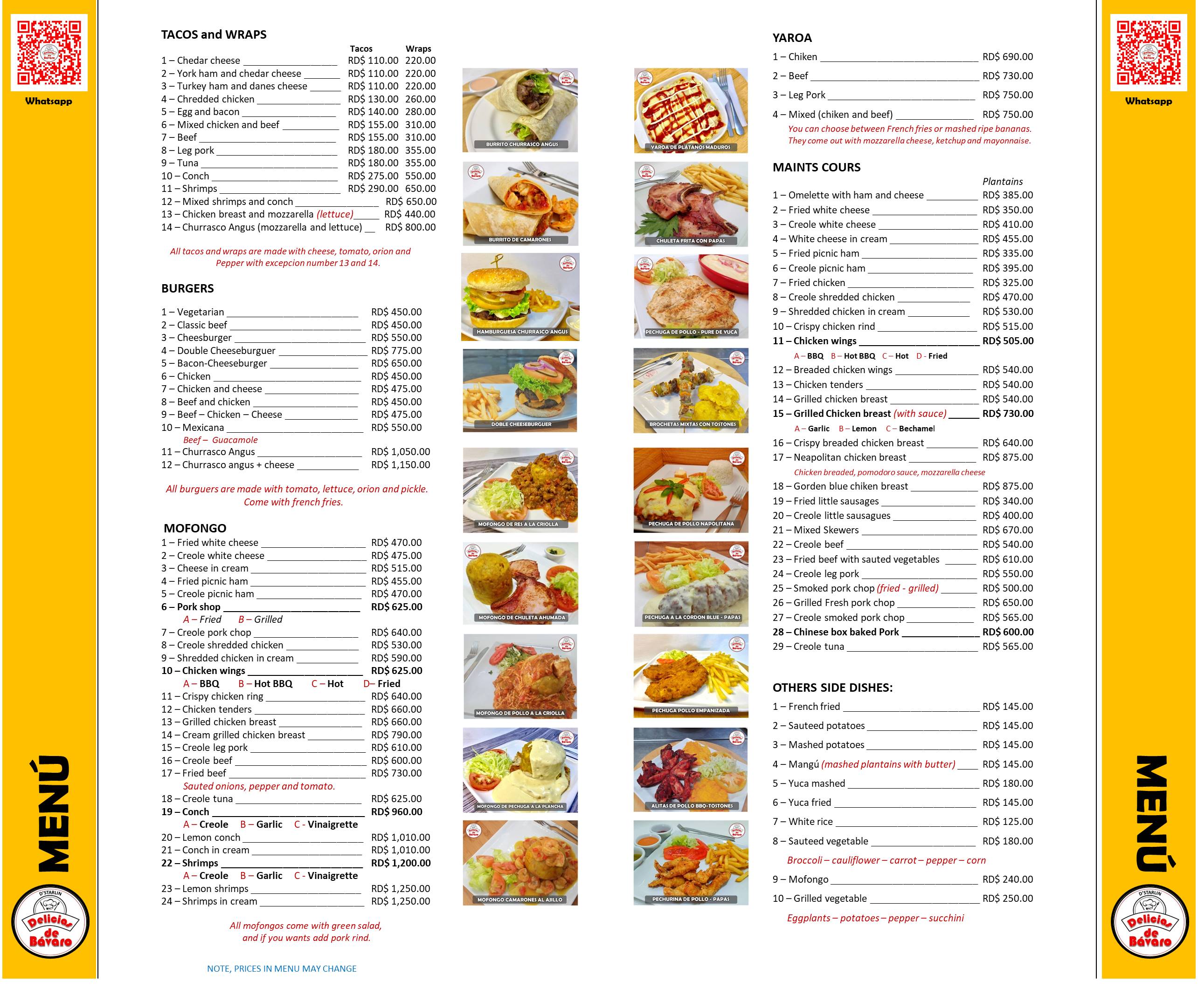 Menu en inglés
Restaurante Delicias de Bávaro
