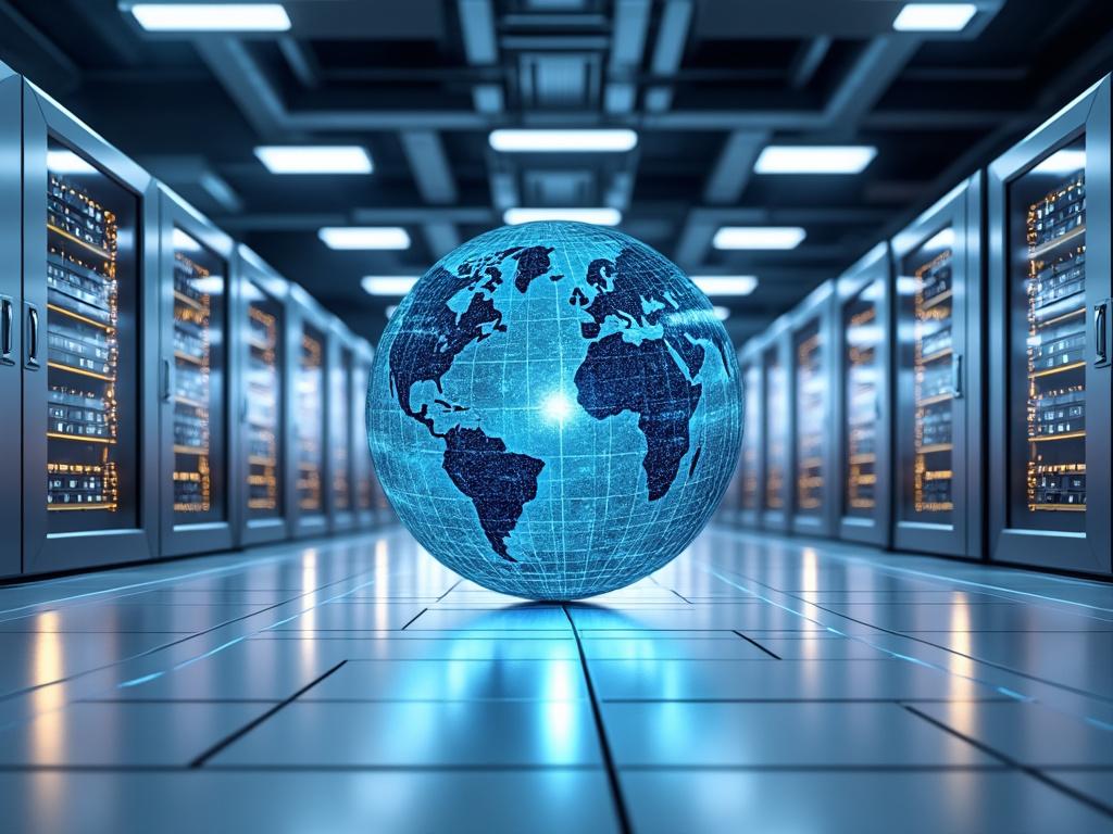 Digital globe in futuristic data center with server racks.