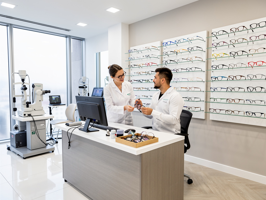 Óptica moderna con optometristas mostrando gafas, equipos de examen visual y pared con monturas Óptica moderna con optometristas mostrando gafas, equipos de examen visual y pared con monturas