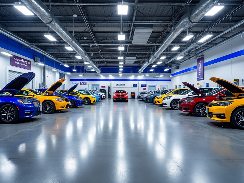 Interior de taller automotriz con múltiples coches de colores con capós abiertos.