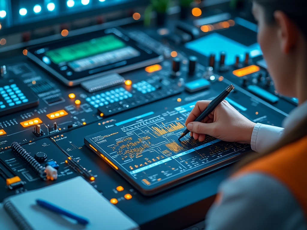 Persona trabajando en una estación de control digital con pantallas gráficas y dispositivos electrónicos iluminados.