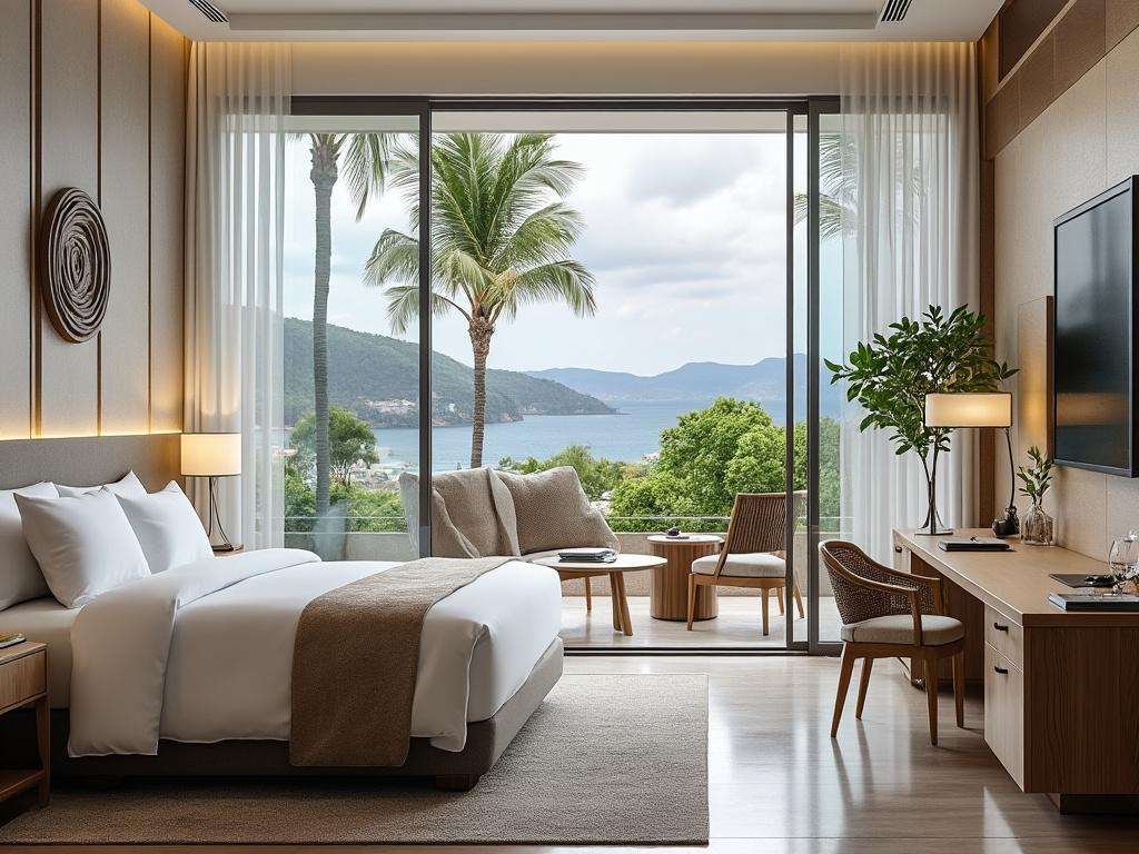 Habitación de hotel moderna con cama grande, decoración elegante, ventanales con vistas al mar, palmeras y mobiliario cómodo.