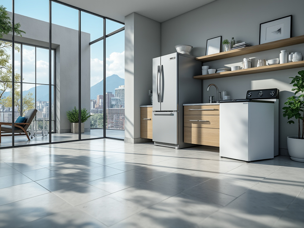 Cocina moderna y luminosa con ventanales de piso a techo, refrigerador de acero inoxidable, estantes de madera y vista urbana con montañas