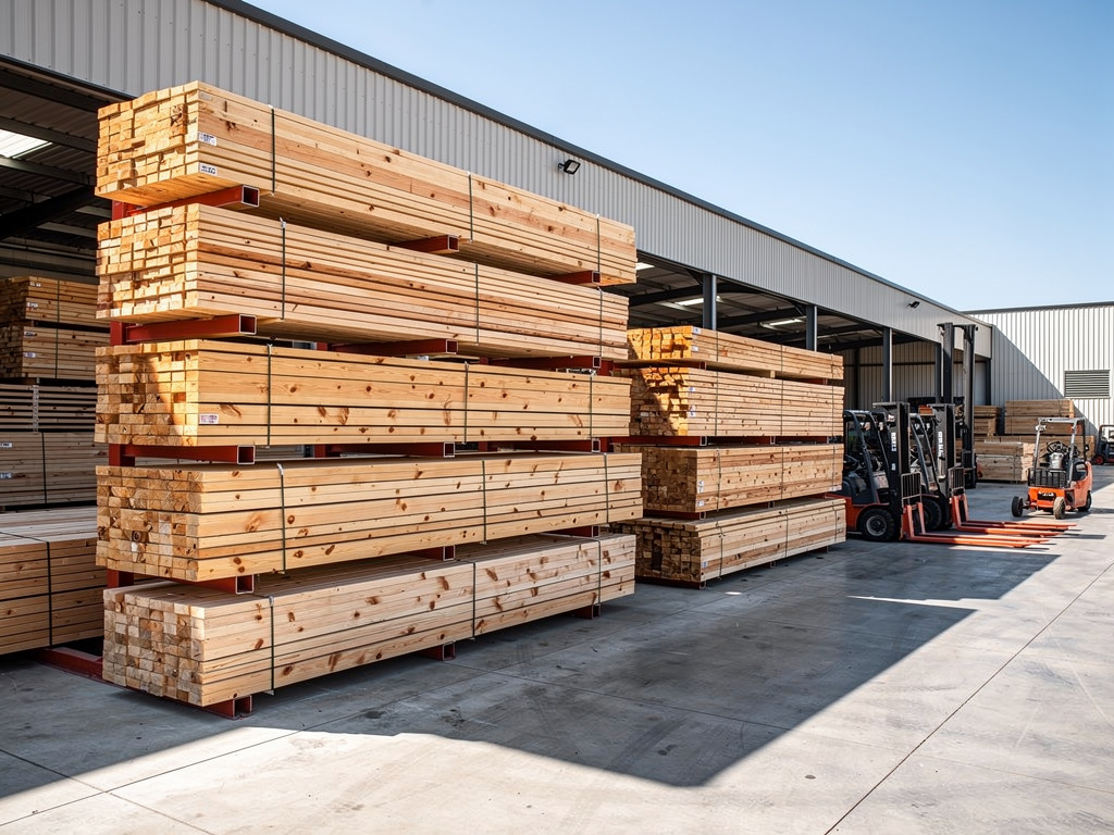 Tablones de madera apilados en almacén industrial con montacargas