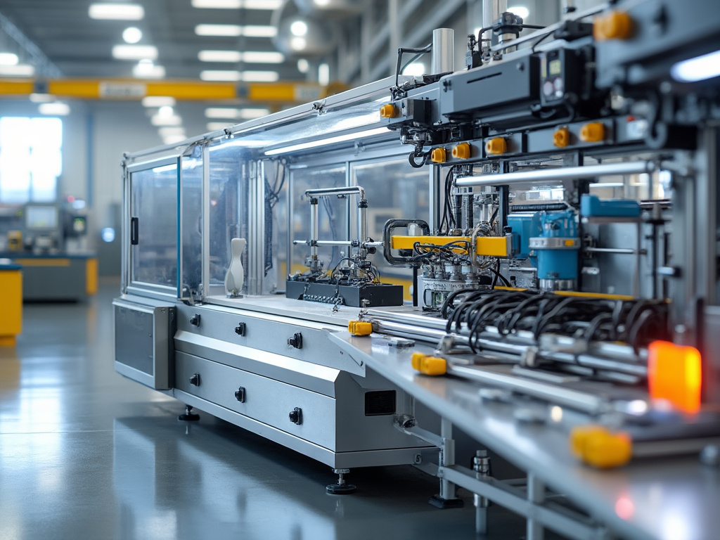 Línea de ensamblaje automatizada en una fábrica moderna con maquinaria industrial avanzada.