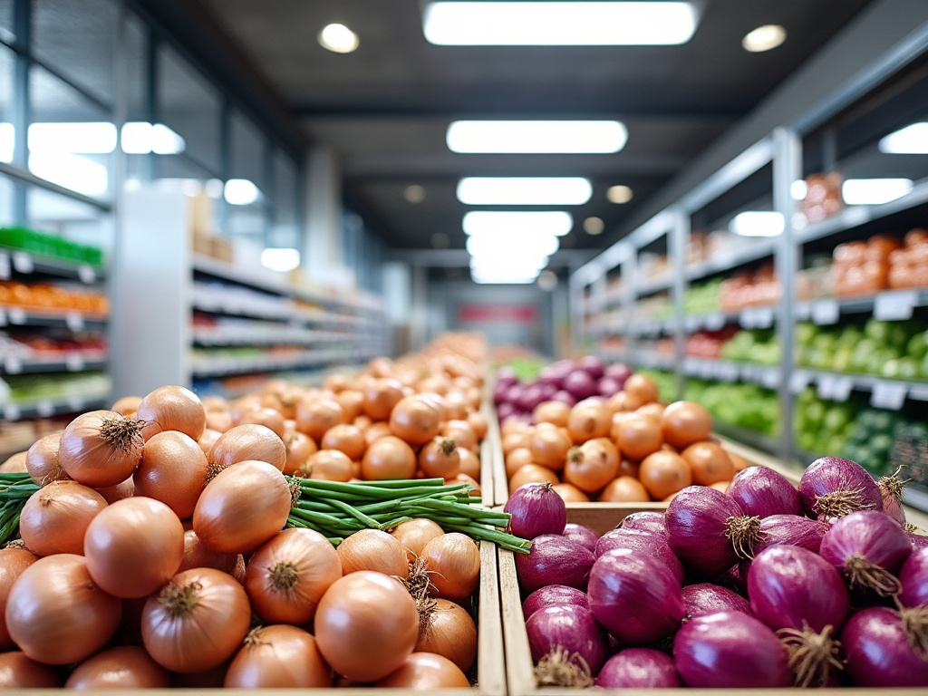 Cebollas amarillas y moradas frescas en exhibición en la sección de verduras de un supermercado