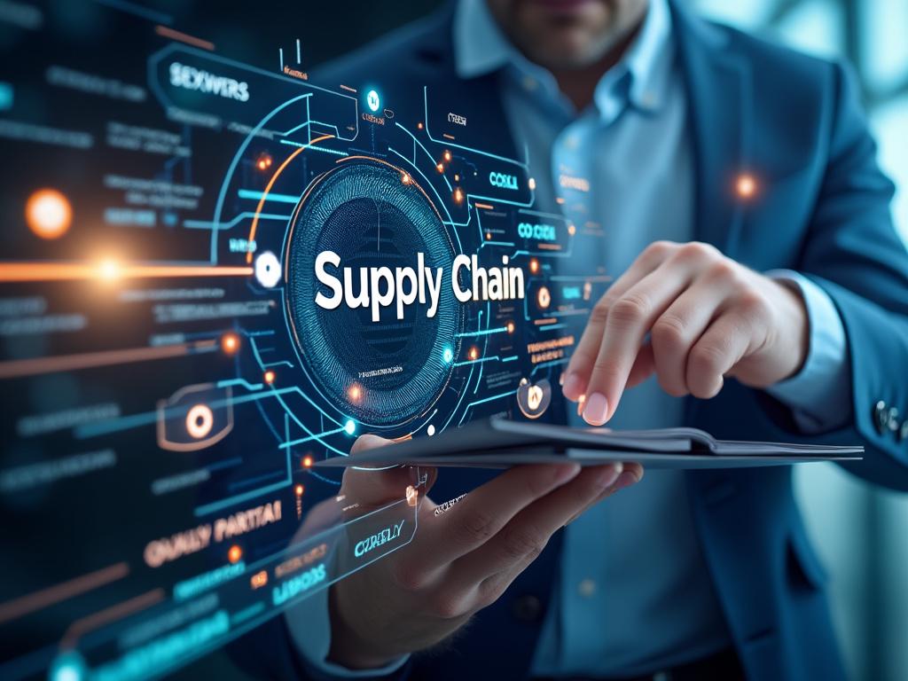 Businessman interacting with digital supply chain interface on a tablet, showcasing network connections and data visualization.