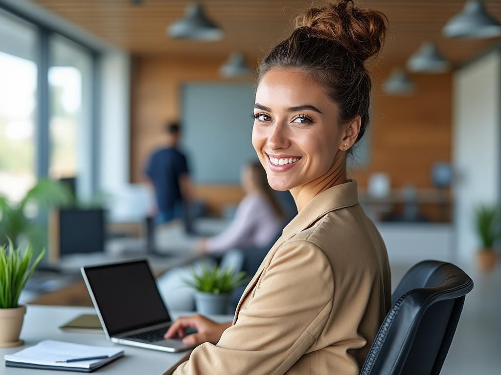 Mujer joven sonriendo en una oficina moderna con computadora portátil en un escritorio.