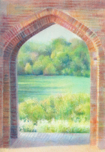Sissinghurst - Elizabethan Barn and Fields ((21x 29.7cm, coloured pencils on Arches HP)