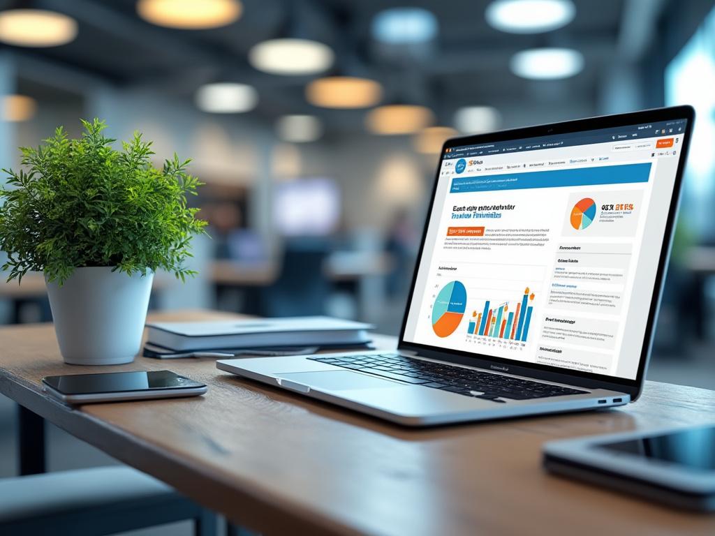 Oficina moderna con portátil mostrando gráficos, planta en maceta y cuaderno sobre el escritorio de madera.