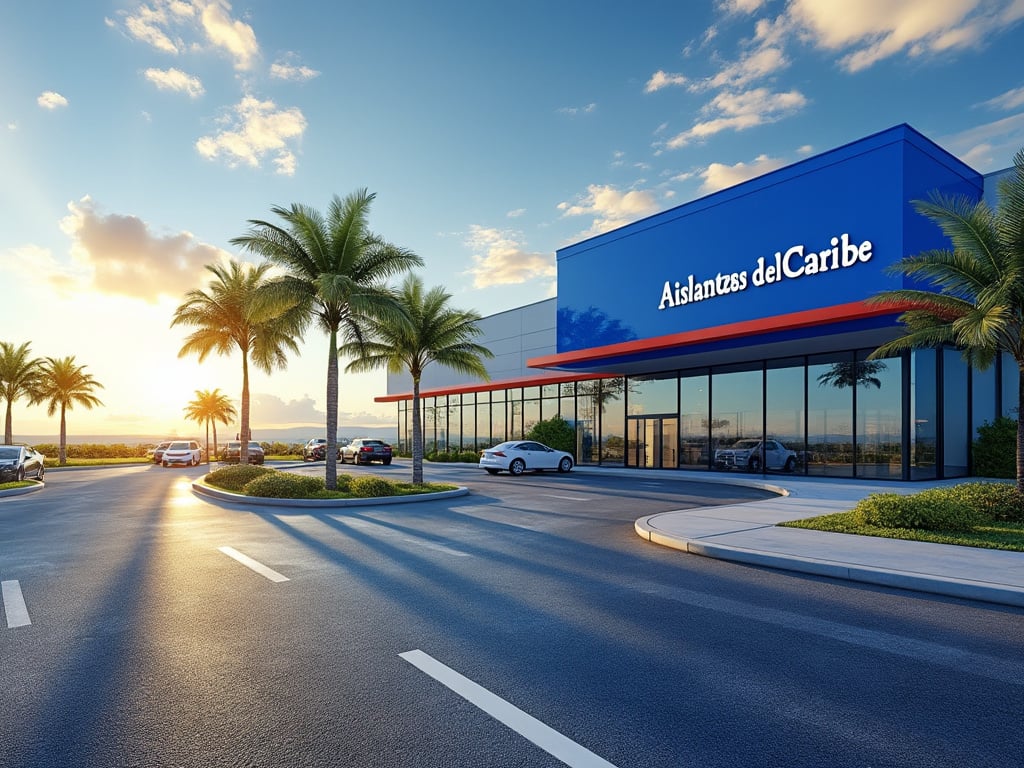 Edificio comercial con fachada azul y letrero 'Aislantes del Caribe' al atardecer, rodeado de palmeras y autos estacionados.