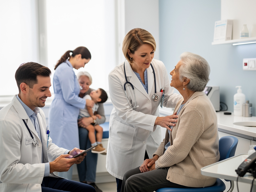 Médicos atendiendo a pacientes en una consulta médica moderna, con doctora examinando a mujer mayor y equipo sanitario en clínica