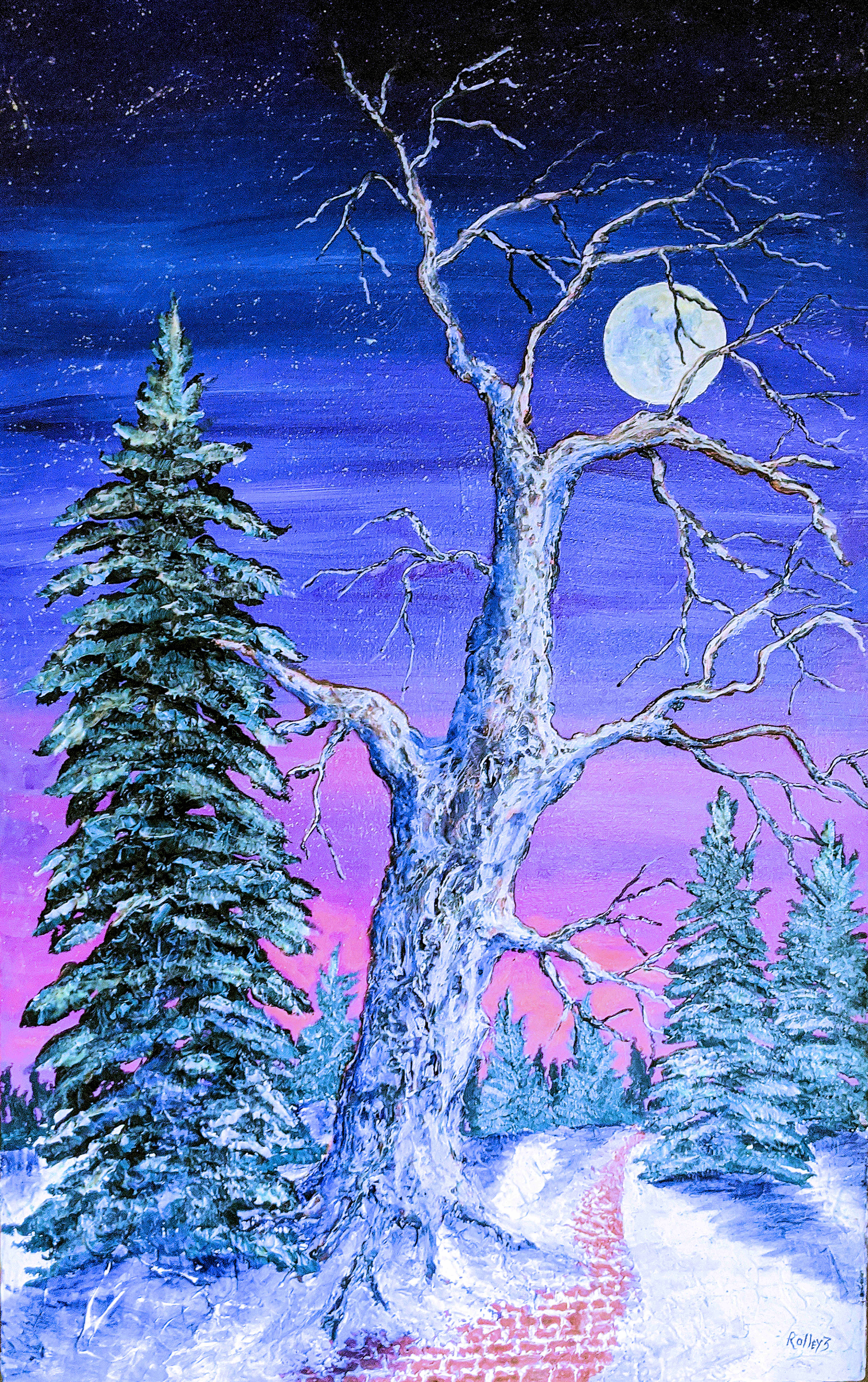 WOODSTOCK WINTER WALK
 24X48". $1200. 
 HIGHLIGHTED WITH GLOW IN DARK LUMINESCENT PAINT