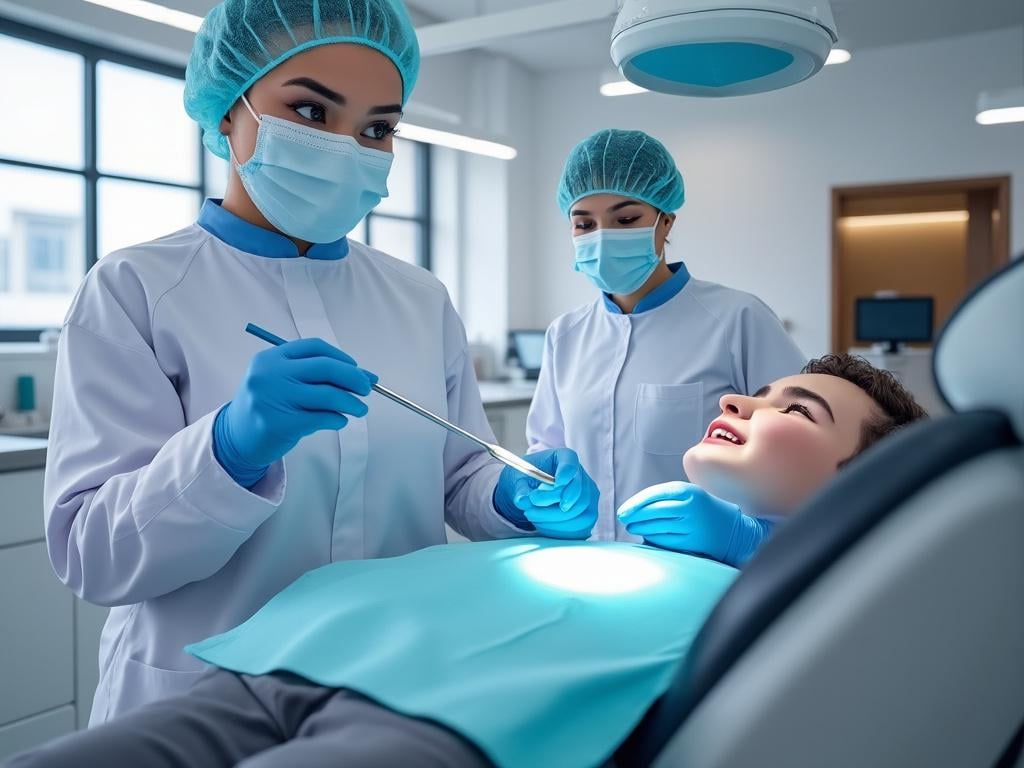 Dentistas en mascarillas y guantes azules atendiendo a un paciente joven en un consultorio dental moderno.