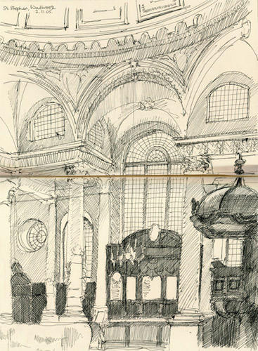 Altar and pulpit, St Stephen's, Walbrook (Pen and Ink)