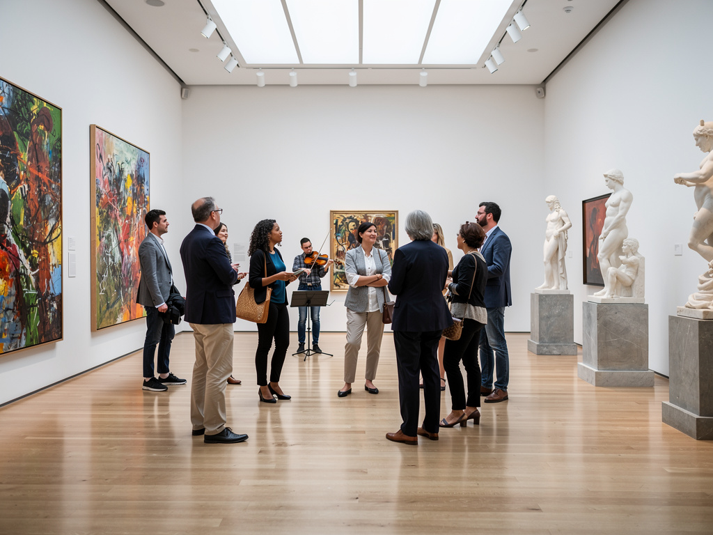 Visitantes en galería de arte moderno con pinturas abstractas, esculturas clásicas y músico tocando violín
