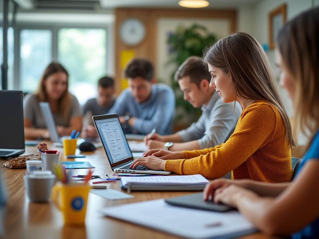 Grupo de jóvenes trabajando en un ambiente de oficina, concentrados frente a laptops y materiales de estudio sobre una mesa compartida.