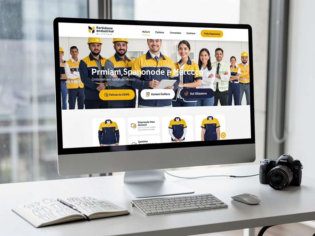Página web de uniformes industriales en monitor de escritorio con equipo de trabajadores y catálogo de ropa laboral Página web de uniformes industriales en monitor de escritorio con equipo de trabajadores y catálogo de ropa laboral