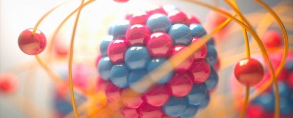 Colorful 3D atom model with red and blue protons and neutrons surrounded by orbiting electrons
Colorful 3D atom model with red and blue protons and neutrons surrounded by orbiting electrons