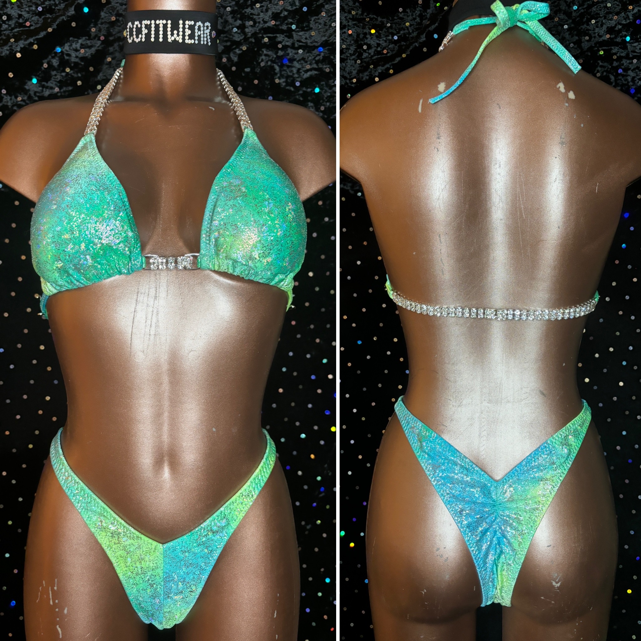 P7049
$135
C sliding top
Tall V front
Gathered slim back 
LIme green print with metallic
Crystal connectors