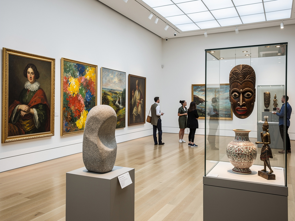 Galería de museo de arte con pinturas clásicas, escultura moderna y vitrina con máscara africana y piezas decorativas