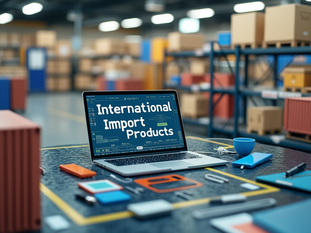 Portátil sobre mesa en almacén con pantalla mostrando 'International Import Products', rodeado de equipo de oficina y cajas de envío.