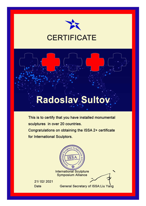 ISSA 2+ Certificate for International Sculptors from the International Sculpture Symposium Alliance ISSA that Radoslav Sultov has installed Monumental sculptures in more than 20 countries.
