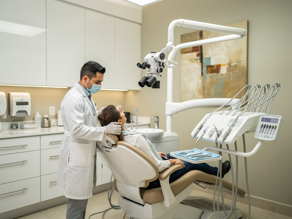 Dentista con mascarilla atendiendo a paciente en sillón dental moderno con microscopio y equipo odontológico