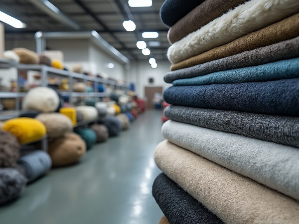 Pilotes de tela de varios colores apilados en un almacén textil, con estanterías llenas de rollos de tela difuminados al fondo.