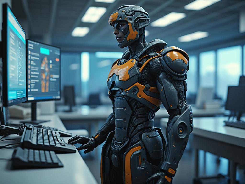 Robot futurista trabajando en una oficina moderna frente a dos monitores.