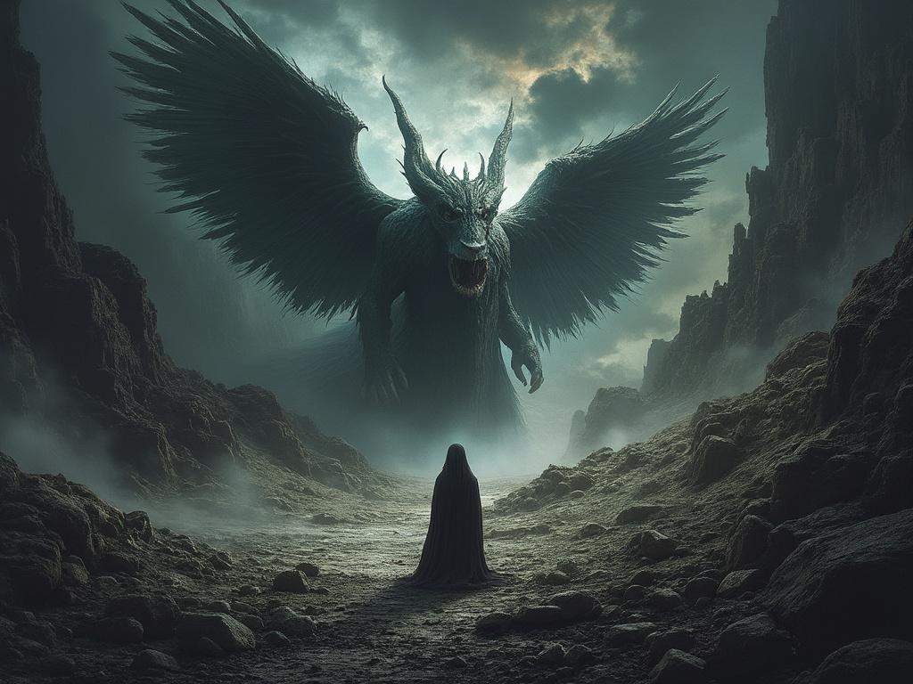 Majestic dragon with large wings facing a cloaked figure in a misty, rocky landscape.