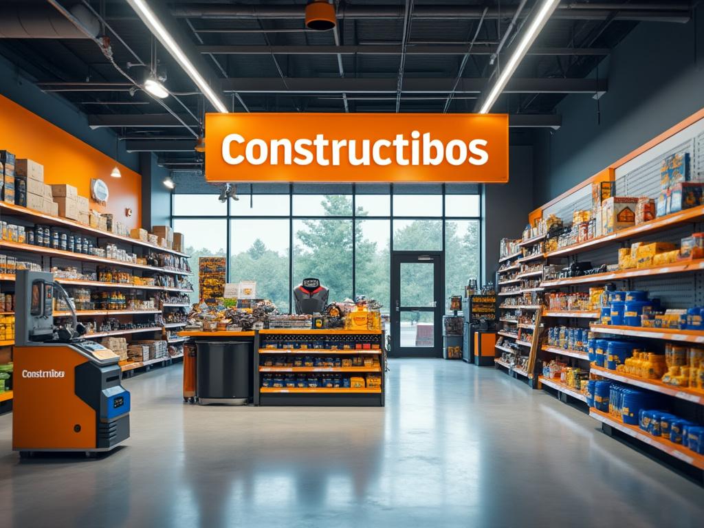 Interior de tienda de construcción, con estantes llenos de herramientas y materiales, bajo un cartel naranja que dice 'Constructibos'.