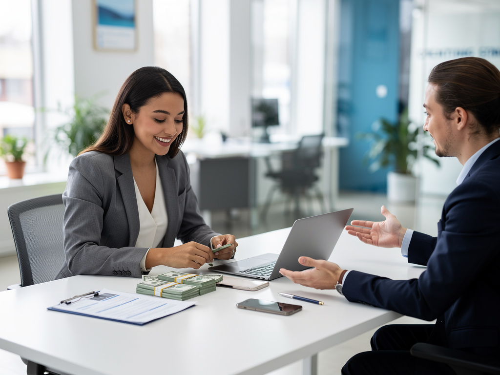 Business professionals discussing finances at office desk with laptop, cash stacks, documents, and smartphone