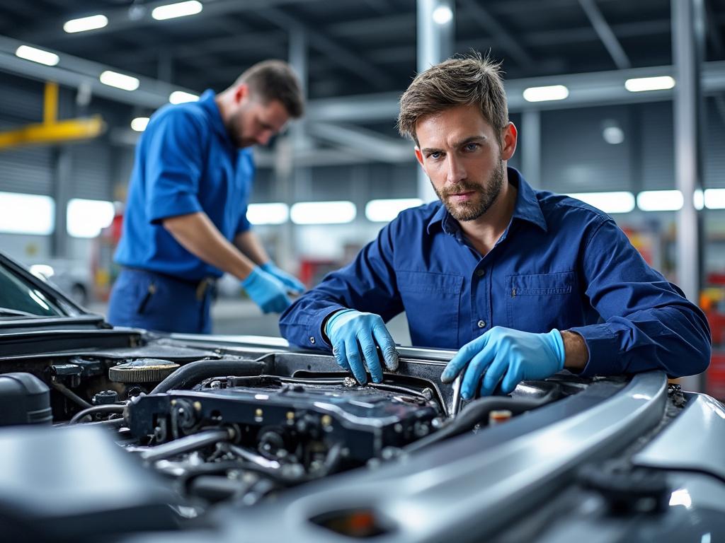 Dos mecánicos en taller automotriz revisando el motor de un coche, usando camisas azules y guantes de trabajo.